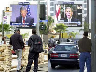 Large outdoor LED display in Los Angeles broadcasts the speech of President Bush immediately after the terrorist attack